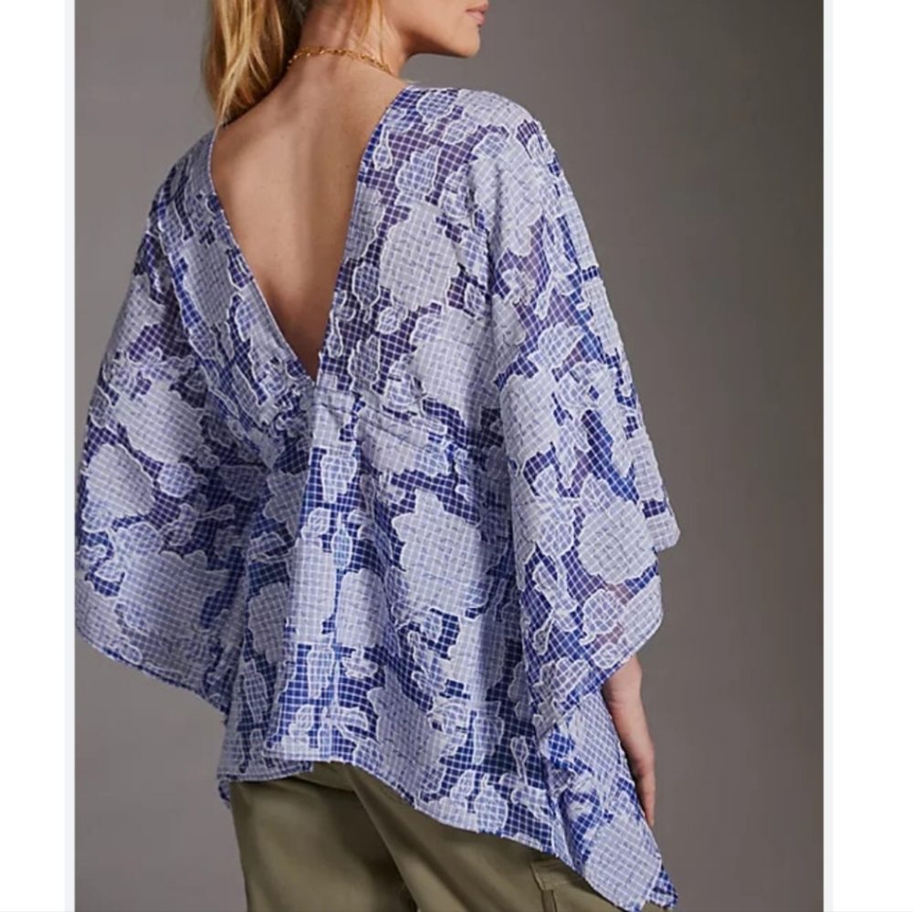 Anthropologie Blue Floral V-Back Poncho Blouse